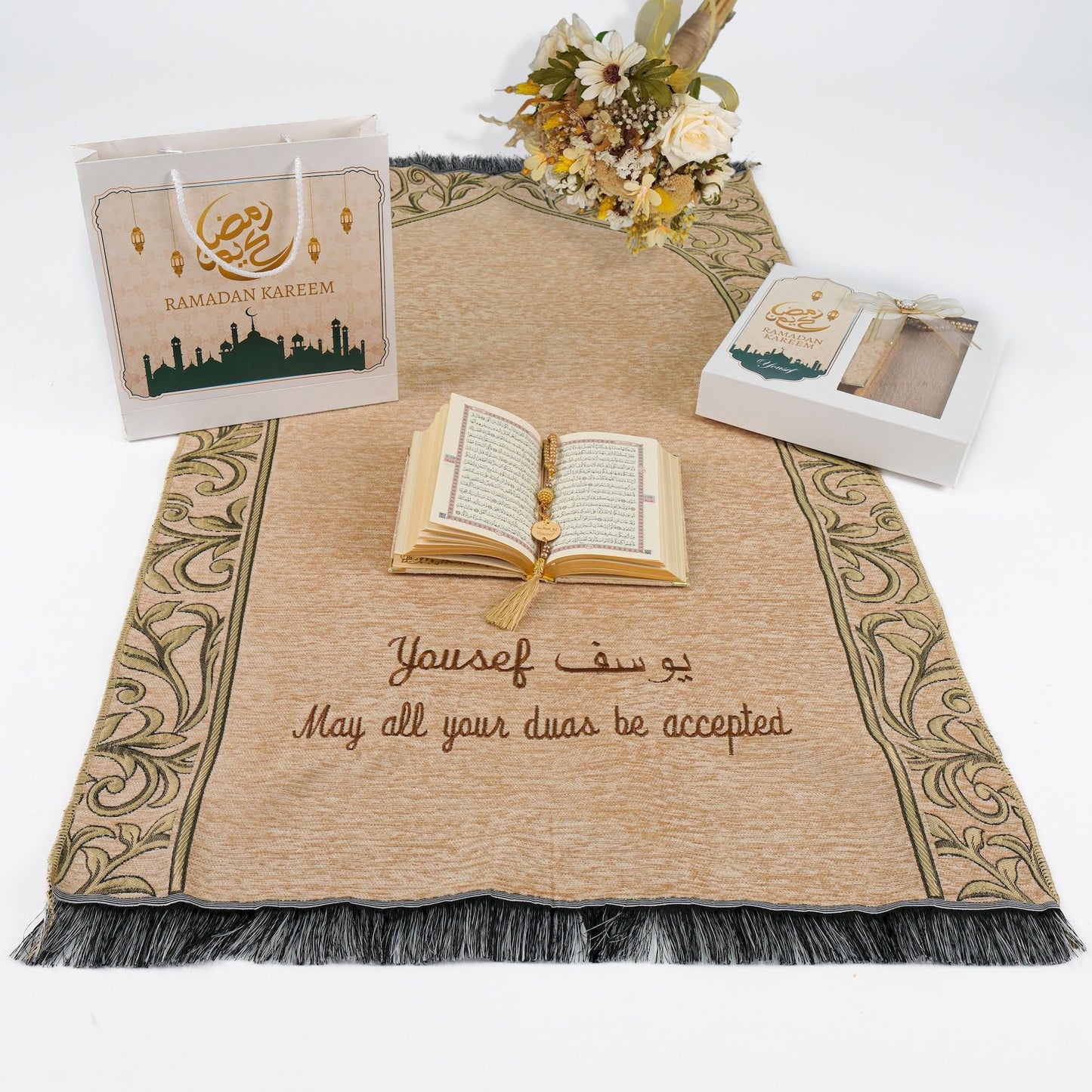 Personalized Flowery Prayer Mat Quran Tasbeeh Islamic Muslim Gift Set - Islamic Elite Favors is a handmade gift shop offering a wide variety of unique and personalized gifts for all occasions. Whether you're looking for the perfect Ramadan, Eid, Hajj, wedding gift or something special for a birthday, baby shower or anniversary, we have something for everyone. High quality, made with love.