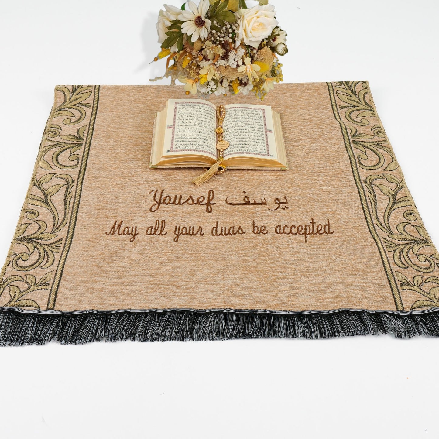 Personalized Flowery Prayer Mat Quran Tasbeeh Islamic Muslim Gift Set - Islamic Elite Favors is a handmade gift shop offering a wide variety of unique and personalized gifts for all occasions. Whether you're looking for the perfect Ramadan, Eid, Hajj, wedding gift or something special for a birthday, baby shower or anniversary, we have something for everyone. High quality, made with love.