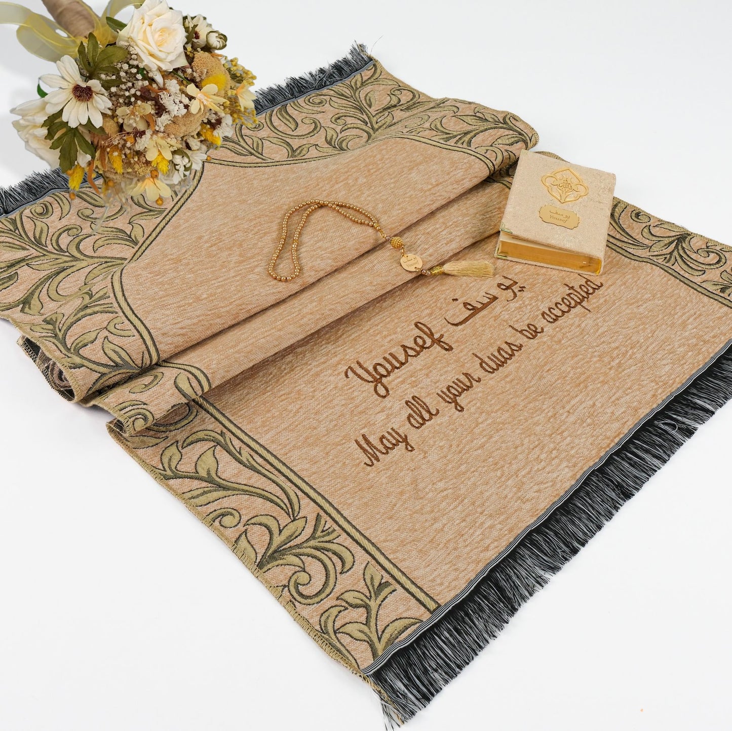 Personalized Flowery Prayer Mat Quran Tasbeeh Islamic Muslim Gift Set - Islamic Elite Favors is a handmade gift shop offering a wide variety of unique and personalized gifts for all occasions. Whether you're looking for the perfect Ramadan, Eid, Hajj, wedding gift or something special for a birthday, baby shower or anniversary, we have something for everyone. High quality, made with love.
