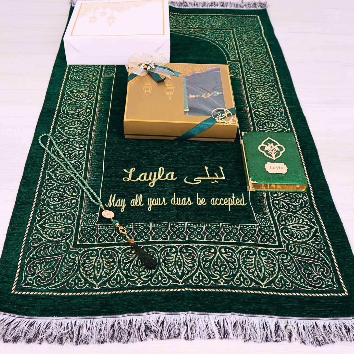 Personalized Taffeta Prayer Mat Quran Tasbeeh Islamic Muslim Gift Set, Ramadan Eid Wedding Birthday Fathers Mothers Days Gifts - Islamic Elite Favors is a handmade gift shop offering a wide variety of unique and personalized gifts for all occasions. Whether you're looking for the perfect Ramadan, Eid, Hajj, wedding gift or something special for a birthday, baby shower or anniversary, we have something for everyone. High quality, made with love.