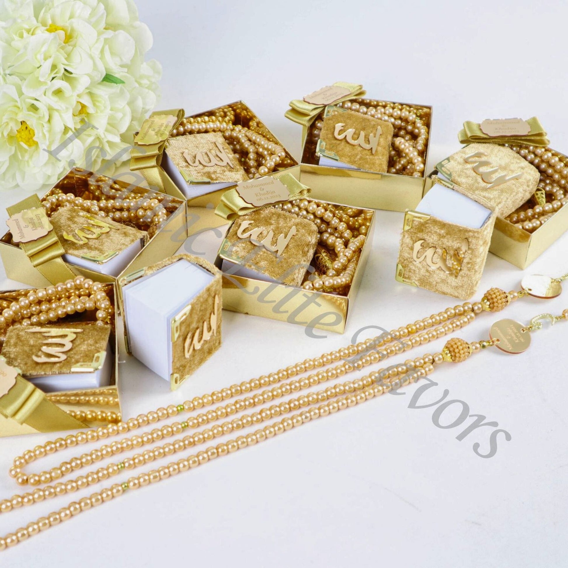 Personalized Mini Quran Pearl Prayer Bead Gold Tag Décor Wedding Favor - Islamic Elite Favors is a handmade gift shop offering a wide variety of unique and personalized gifts for all occasions. Whether you're looking for the perfect Ramadan, Eid, Hajj, wedding gift or something special for a birthday, baby shower or anniversary, we have something for everyone. High quality, made with love.