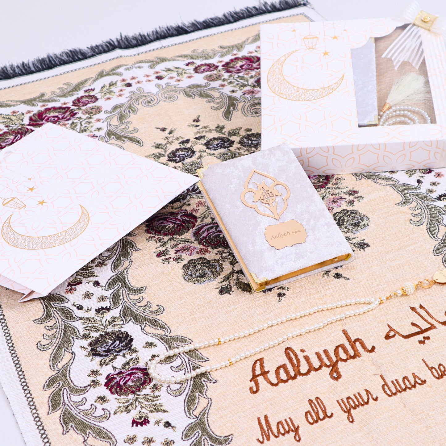 Personalized Woven Prayer Mat Quran Tasbeeh Islamic Muslim Gift Set - Islamic Elite Favors is a handmade gift shop offering a wide variety of unique and personalized gifts for all occasions. Whether you're looking for the perfect Ramadan, Eid, Hajj, wedding gift or something special for a birthday, baby shower or anniversary, we have something for everyone. High quality, made with love.
