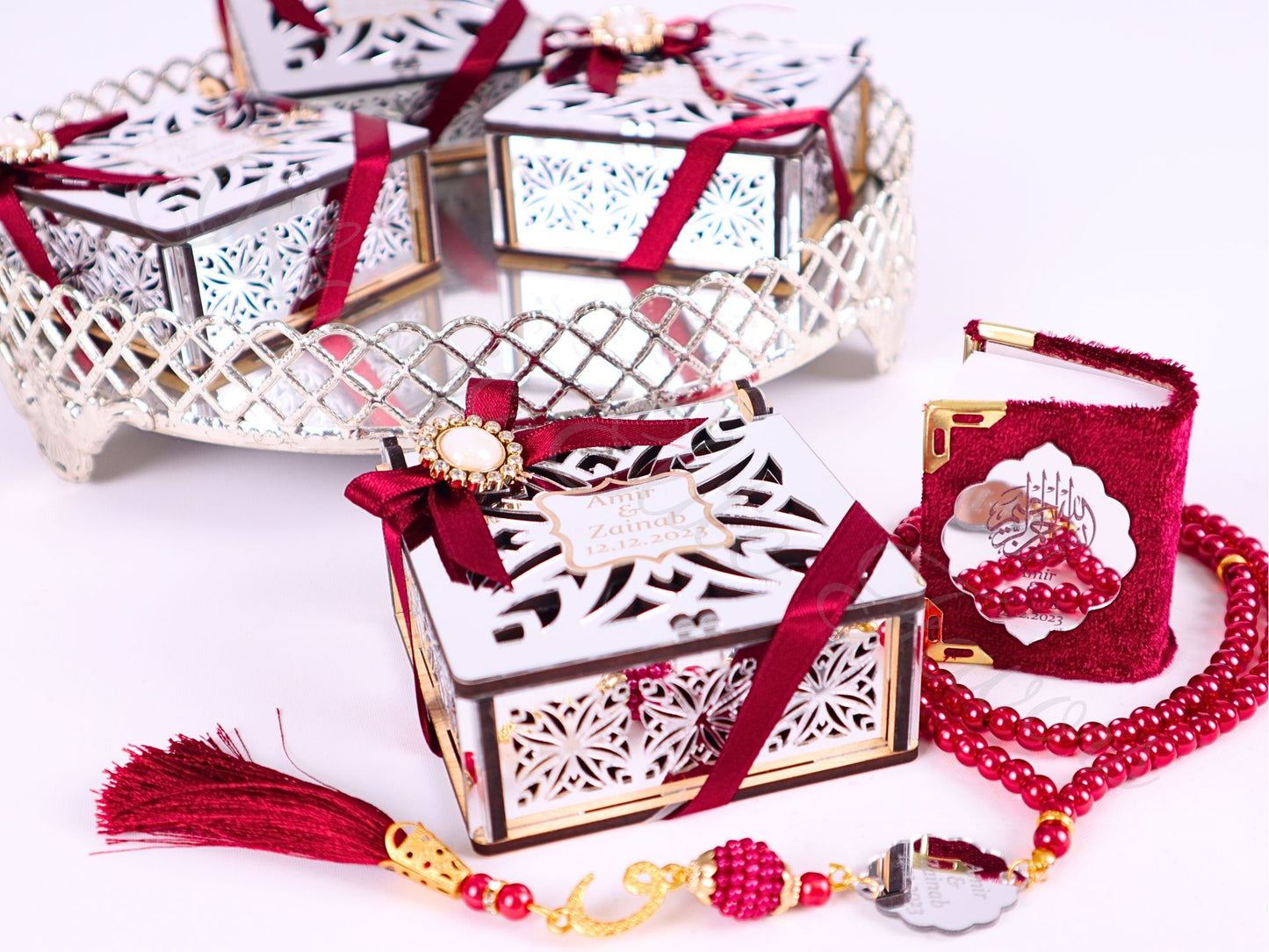 Personalized Mini Quran Prayer Bead Wooden Box with Silver Acrylic Set - Islamic Elite Favors is a handmade gift shop offering a wide variety of unique and personalized gifts for all occasions. Whether you're looking for the perfect Ramadan, Eid, Hajj, wedding gift or something special for a birthday, baby shower or anniversary, we have something for everyone. High quality, made with love.