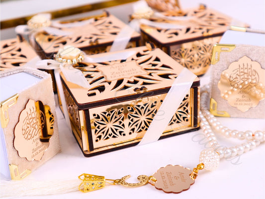 Personalized Mini Quran Prayer Beads Wooden Box with Gold Acrylic Set - Islamic Elite Favors is a handmade gift shop offering a wide variety of unique and personalized gifts for all occasions. Whether you're looking for the perfect Ramadan, Eid, Hajj, wedding gift or something special for a birthday, baby shower or anniversary, we have something for everyone. High quality, made with love.