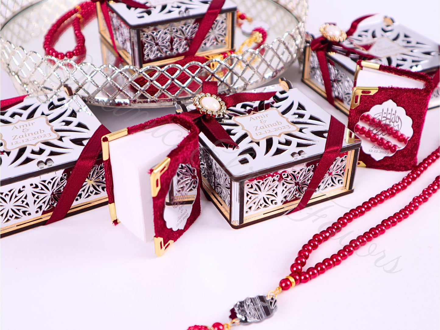 Personalized Mini Quran Prayer Bead Wooden Box with Silver Acrylic Set - Islamic Elite Favors is a handmade gift shop offering a wide variety of unique and personalized gifts for all occasions. Whether you're looking for the perfect Ramadan, Eid, Hajj, wedding gift or something special for a birthday, baby shower or anniversary, we have something for everyone. High quality, made with love.