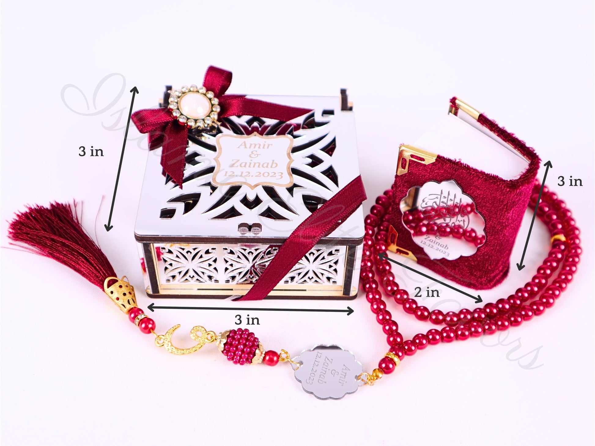Personalized Mini Quran Prayer Bead Wooden Box with Silver Acrylic Set - Islamic Elite Favors is a handmade gift shop offering a wide variety of unique and personalized gifts for all occasions. Whether you're looking for the perfect Ramadan, Eid, Hajj, wedding gift or something special for a birthday, baby shower or anniversary, we have something for everyone. High quality, made with love.