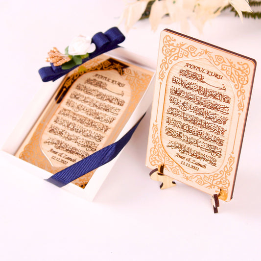 Personalized Wedding Favor Ayatul Kursi on Stand Gold Frame Brown Wood - Islamic Elite Favors is a handmade gift shop offering a wide variety of unique and personalized gifts for all occasions. Whether you're looking for the perfect Ramadan, Eid, Hajj, wedding gift or something special for a birthday, baby shower or anniversary, we have something for everyone. High quality, made with love.