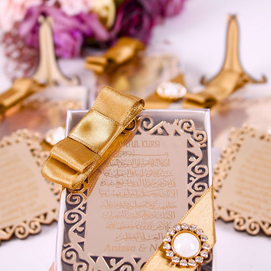 Personalized Wedding Favor Ayatul Kursi on Stand Gold Mirror Frame Cut - Islamic Elite Favors is a handmade gift shop offering a wide variety of unique and personalized gifts for all occasions. Whether you're looking for the perfect Ramadan, Eid, Hajj, wedding gift or something special for a birthday, baby shower or anniversary, we have something for everyone. High quality, made with love.