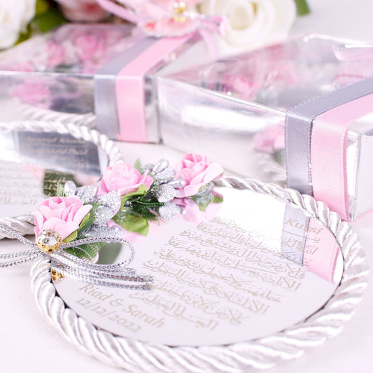 Personalized Wedding Favor Ayatul Kursi Magnet Silver Mirror Rope - Islamic Elite Favors is a handmade gift shop offering a wide variety of unique and personalized gifts for all occasions. Whether you're looking for the perfect Ramadan, Eid, Hajj, wedding gift or something special for a birthday, baby shower or anniversary, we have something for everyone. High quality, made with love.
