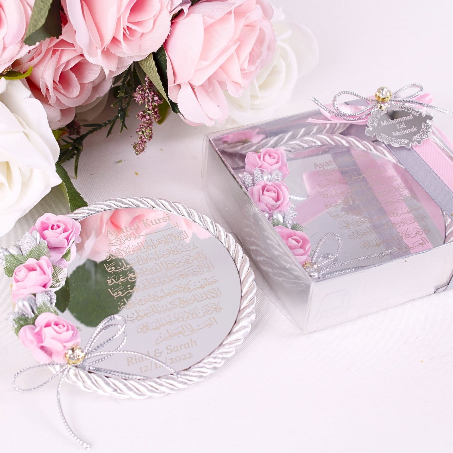 Personalized Wedding Favor Ayatul Kursi Magnet Silver Mirror Rope - Islamic Elite Favors is a handmade gift shop offering a wide variety of unique and personalized gifts for all occasions. Whether you're looking for the perfect Ramadan, Eid, Hajj, wedding gift or something special for a birthday, baby shower or anniversary, we have something for everyone. High quality, made with love.