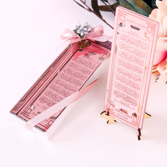 Personalized Wedding Favor Ayatul Kursi on Stand Rose Gold Clear Plexi - Islamic Elite Favors is a handmade gift shop offering a wide variety of unique and personalized gifts for all occasions. Whether you're looking for the perfect Ramadan, Eid, Hajj, wedding gift or something special for a birthday, baby shower or anniversary, we have something for everyone. High quality, made with love.