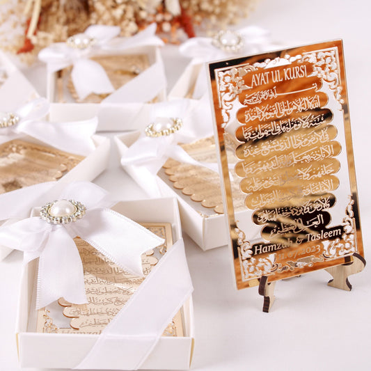 Personalized Wedding Favor Ayatul Kursi on Stand Gold Clear Mirrors - Islamic Elite Favors is a handmade gift shop offering a wide variety of unique and personalized gifts for all occasions. Whether you're looking for the perfect Ramadan, Eid, Hajj, wedding gift or something special for a birthday, baby shower or anniversary, we have something for everyone. High quality, made with love.