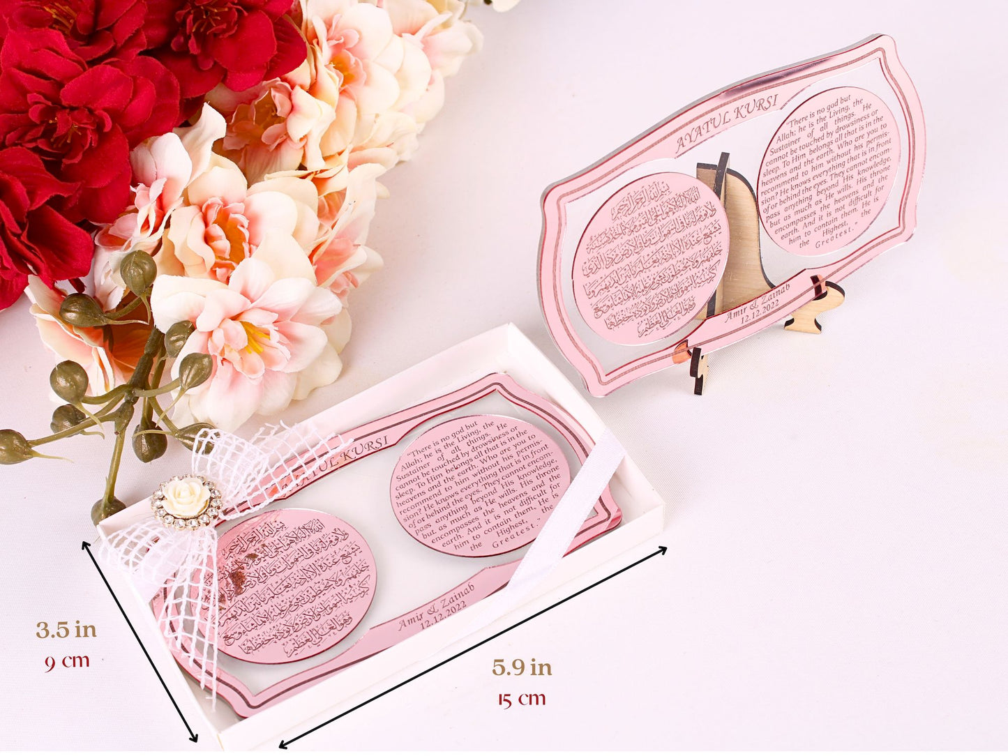 Personalized Wedding Favor Ayatul Kursi on Stand English Arabic Rose - Islamic Elite Favors is a handmade gift shop offering a wide variety of unique and personalized gifts for all occasions. Whether you're looking for the perfect Ramadan, Eid, Hajj, wedding gift or something special for a birthday, baby shower or anniversary, we have something for everyone. High quality, made with love.
