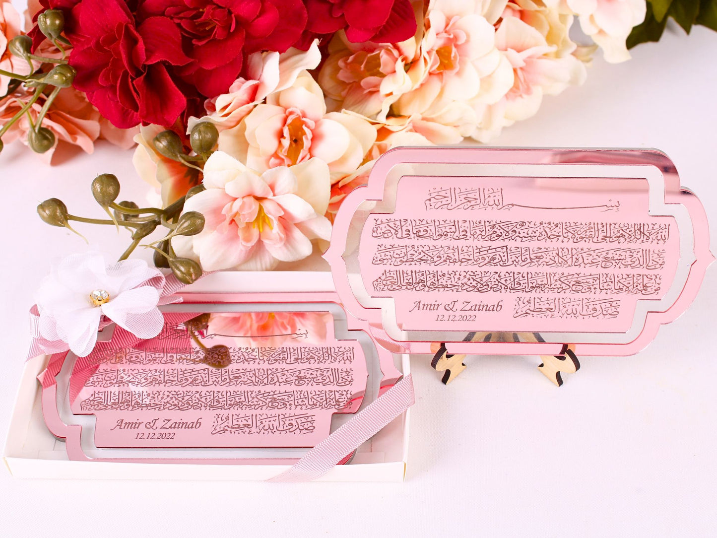 Personalized Wedding Favor Large Ayatul Kursi on Stand Rose Gold Plexi - Islamic Elite Favors is a handmade gift shop offering a wide variety of unique and personalized gifts for all occasions. Whether you're looking for the perfect Ramadan, Eid, Hajj, wedding gift or something special for a birthday, baby shower or anniversary, we have something for everyone. High quality, made with love.