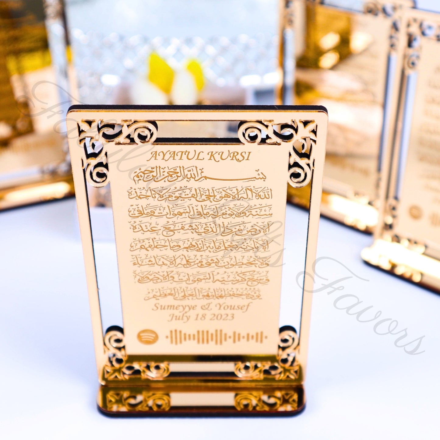 Personalized Wedding Favor Ayatul Kursi on Stand Gold Acrylic Mirror - Islamic Elite Favors is a handmade gift shop offering a wide variety of unique and personalized gifts for all occasions. Whether you're looking for the perfect Ramadan, Eid, Hajj, wedding gift or something special for a birthday, baby shower or anniversary, we have something for everyone. High quality, made with love.
