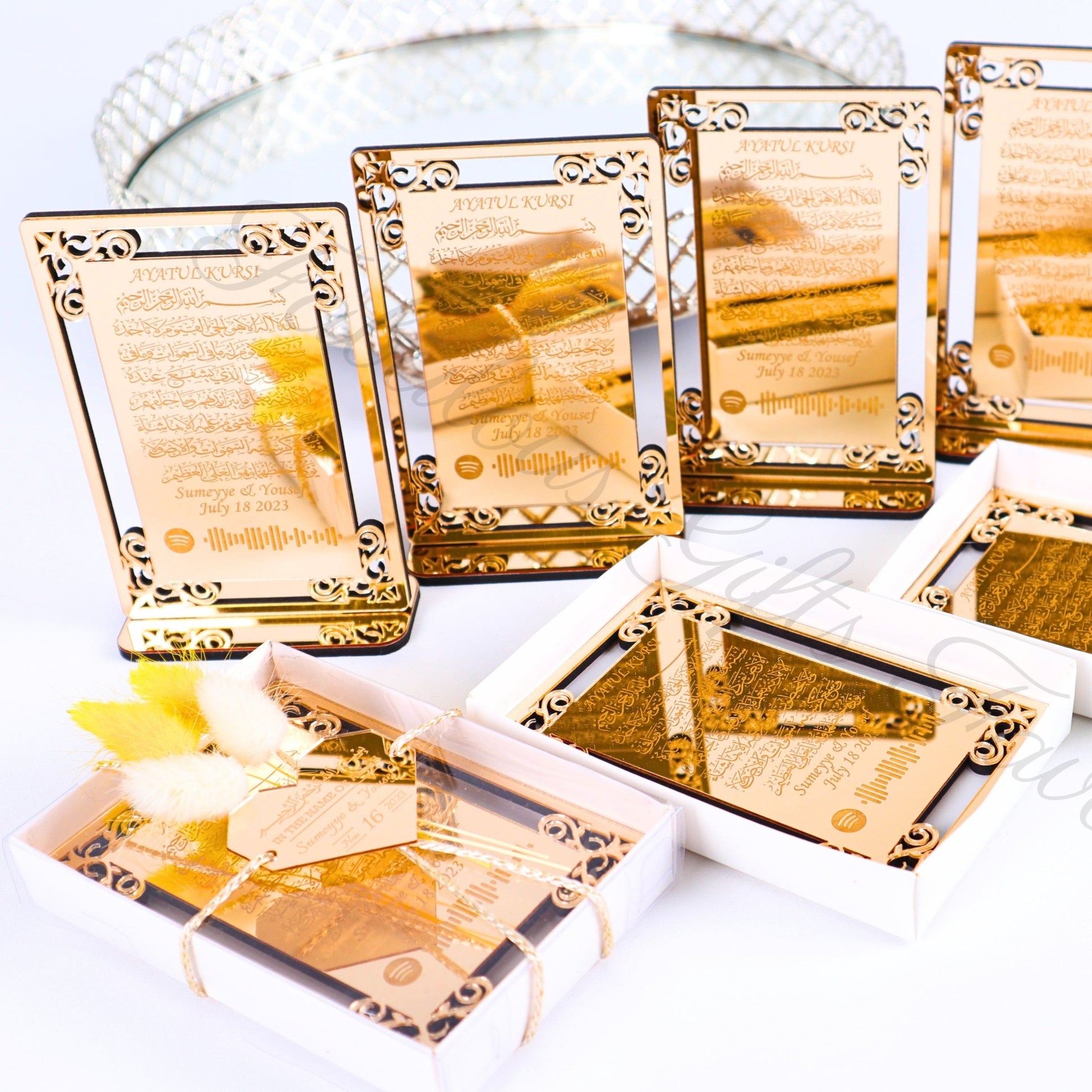 Personalized Wedding Favor Ayatul Kursi on Stand Gold Acrylic Mirror - Islamic Elite Favors is a handmade gift shop offering a wide variety of unique and personalized gifts for all occasions. Whether you're looking for the perfect Ramadan, Eid, Hajj, wedding gift or something special for a birthday, baby shower or anniversary, we have something for everyone. High quality, made with love.