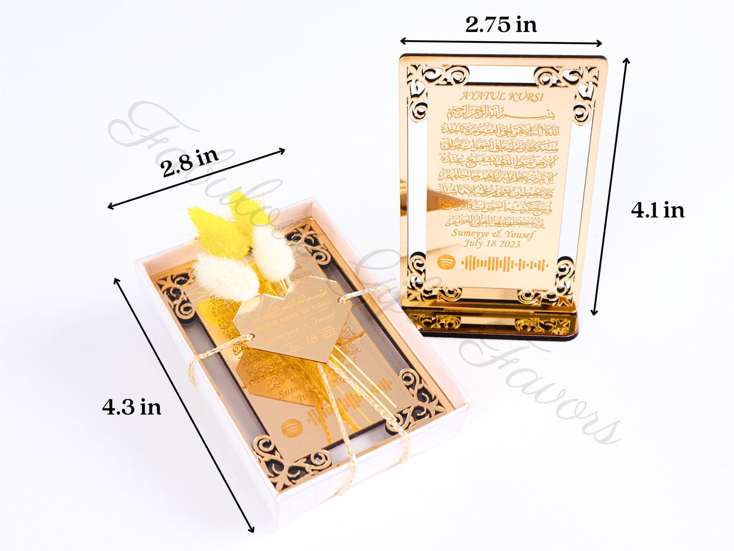 Personalized Wedding Favor Ayatul Kursi on Stand Gold Acrylic Mirror - Islamic Elite Favors is a handmade gift shop offering a wide variety of unique and personalized gifts for all occasions. Whether you're looking for the perfect Ramadan, Eid, Hajj, wedding gift or something special for a birthday, baby shower or anniversary, we have something for everyone. High quality, made with love.