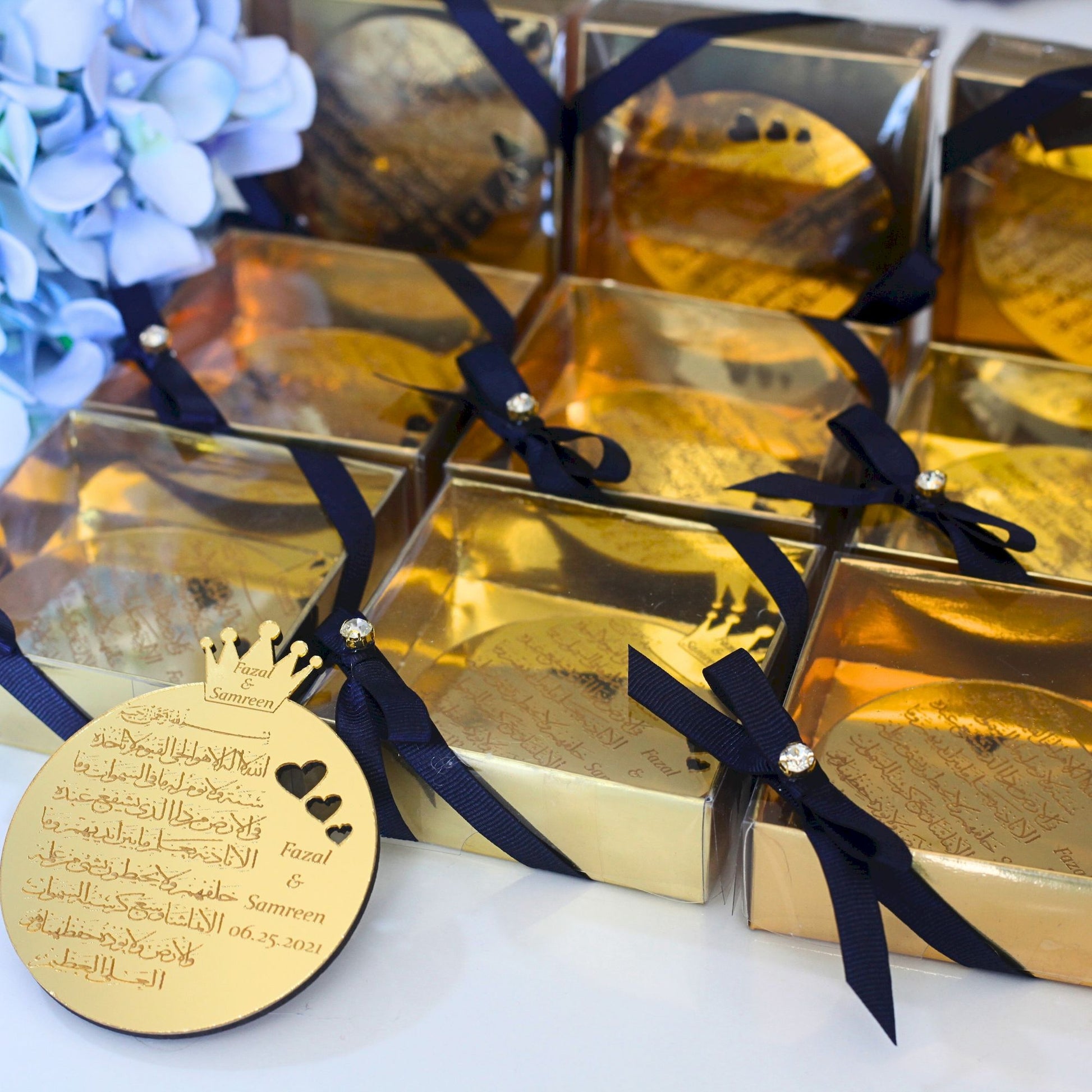 Personalized Wedding Favor Ayatul Kursi Magnet Gold Mirror Heart Theme - Islamic Elite Favors is a handmade gift shop offering a wide variety of unique and personalized gifts for all occasions. Whether you're looking for the perfect Ramadan, Eid, Hajj, wedding gift or something special for a birthday, baby shower or anniversary, we have something for everyone. High quality, made with love.