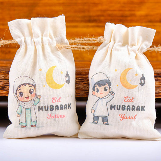 Personalized Eid Gift Bag for Kids, Custom Ramadan Favor Pouch, Cotton Treat Bag, Goodie Bag - Islamic Elite Favors is a handmade gift shop offering a wide variety of unique and personalized gifts for all occasions. Whether you're looking for the perfect Ramadan, Eid, Hajj, wedding gift or something special for a birthday, baby shower or anniversary, we have something for everyone. High quality, made with love.