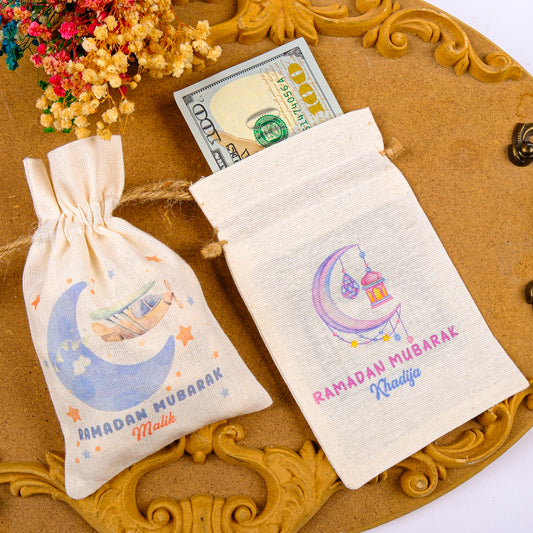 Personalized Eid Gift Bag for Kids, Custom Ramadan Favor Pouch, Cotton Treat Bag, Goodie Bag