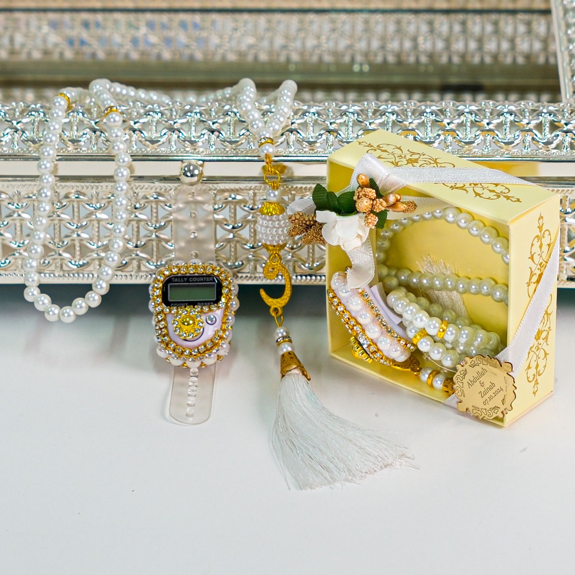 Personalized Dhikr Counter Pearl Prayer Beads Islamic Wedding Favor - Islamic Elite Favors is a handmade gift shop offering a wide variety of unique and personalized gifts for all occasions. Whether you're looking for the perfect Ramadan, Eid, Hajj, wedding gift or something special for a birthday, baby shower or anniversary, we have something for everyone. High quality, made with love.