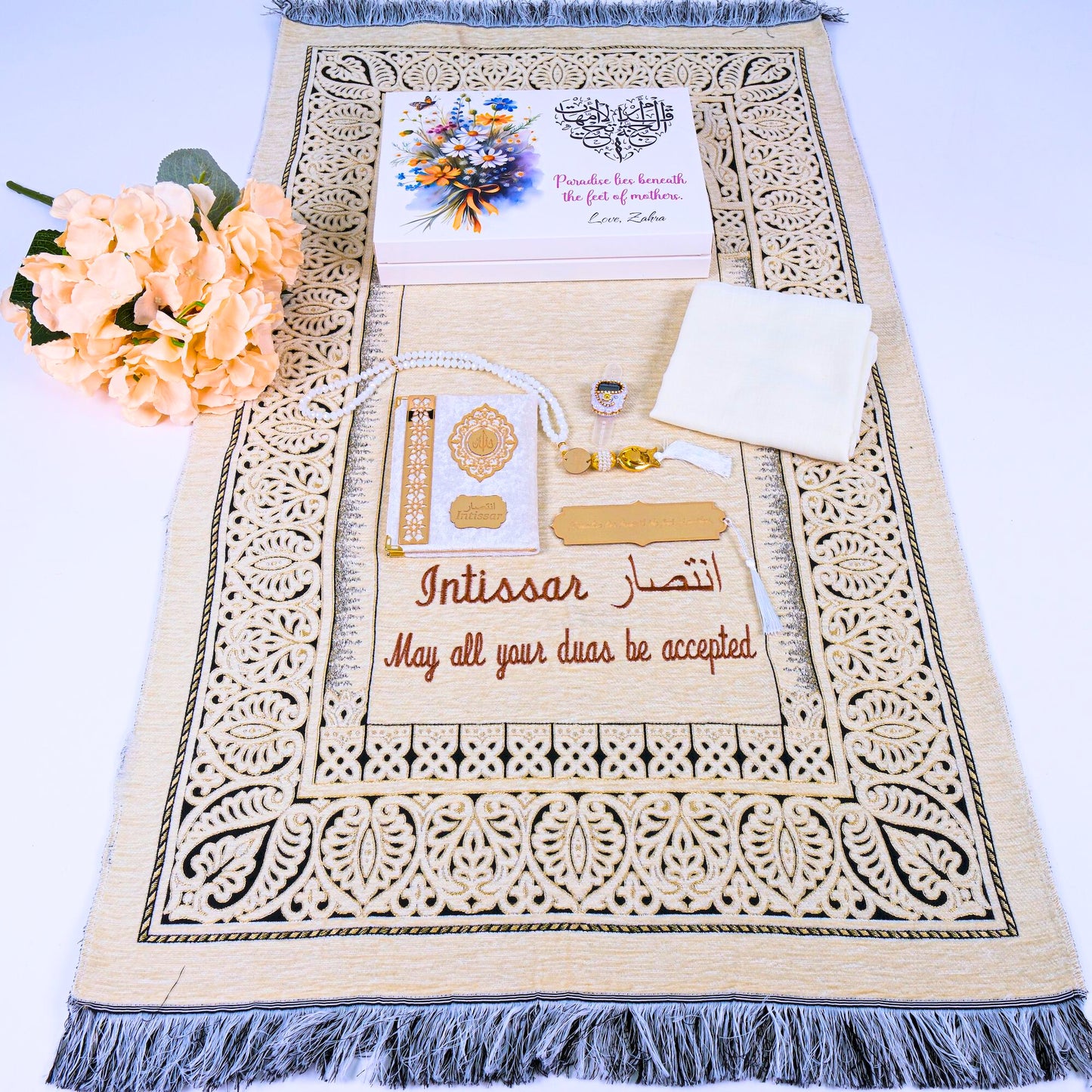 Personalized Prayer Mat Hijab Dua Book Tasbih Dhikr Count Bookmark Set - Islamic Elite Favors is a handmade gift shop offering a wide variety of unique and personalized gifts for all occasions. Whether you're looking for the perfect Ramadan, Eid, Hajj, wedding gift or something special for a birthday, baby shower or anniversary, we have something for everyone. High quality, made with love.