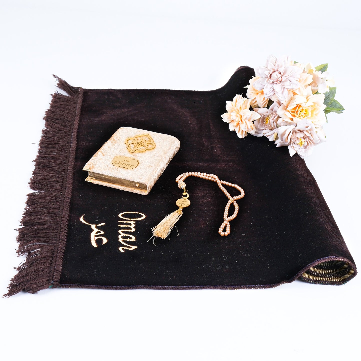 Personalized Elegant Velvet Prayer Mat Quran Tasbeeh Islamic Gift Set