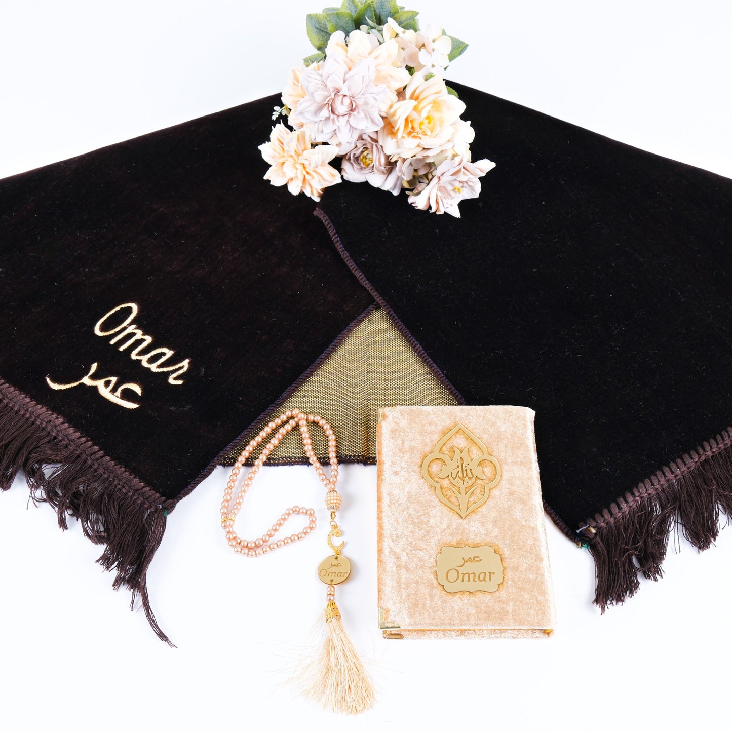 Personalized Elegant Velvet Prayer Mat Quran Tasbeeh Islamic Gift Set