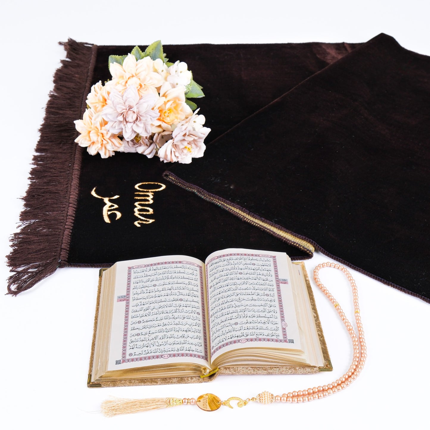 Personalized Elegant Velvet Prayer Mat Quran Tasbeeh Islamic Gift Set