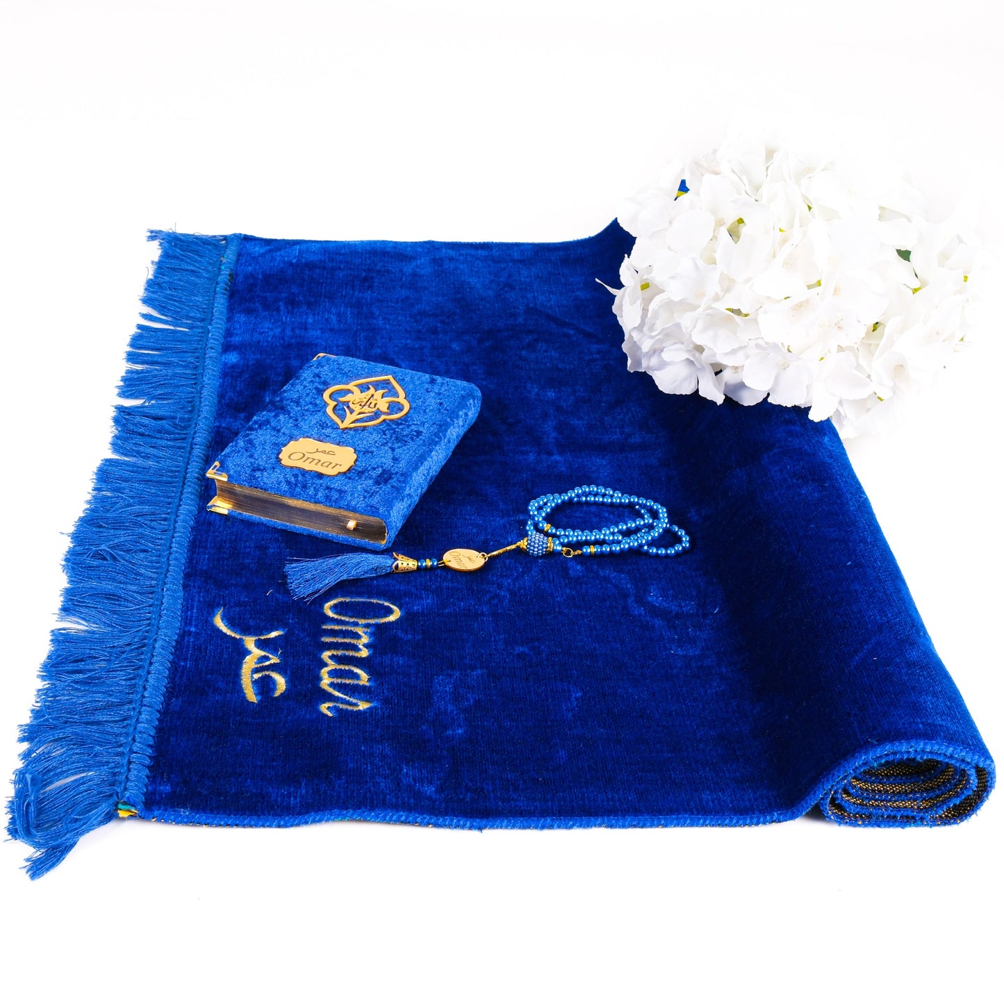 Personalized Elegant Velvet Prayer Mat Quran Tasbeeh Islamic Gift Set