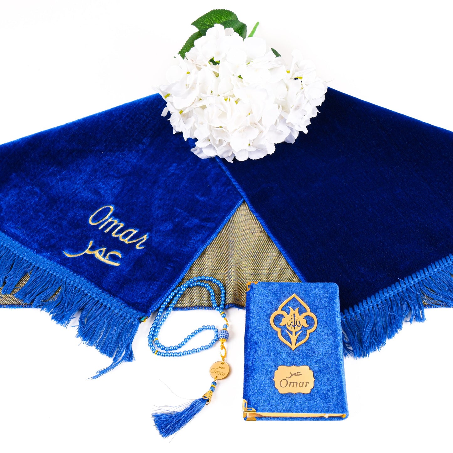 Personalized Elegant Velvet Prayer Mat Quran Tasbeeh Islamic Gift Set