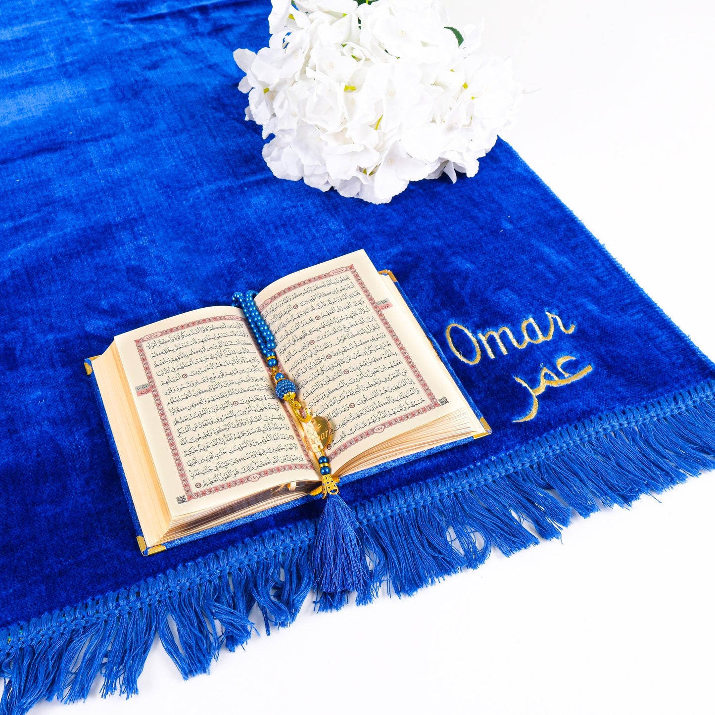 Personalized Elegant Velvet Prayer Mat Quran Tasbeeh Islamic Gift Set