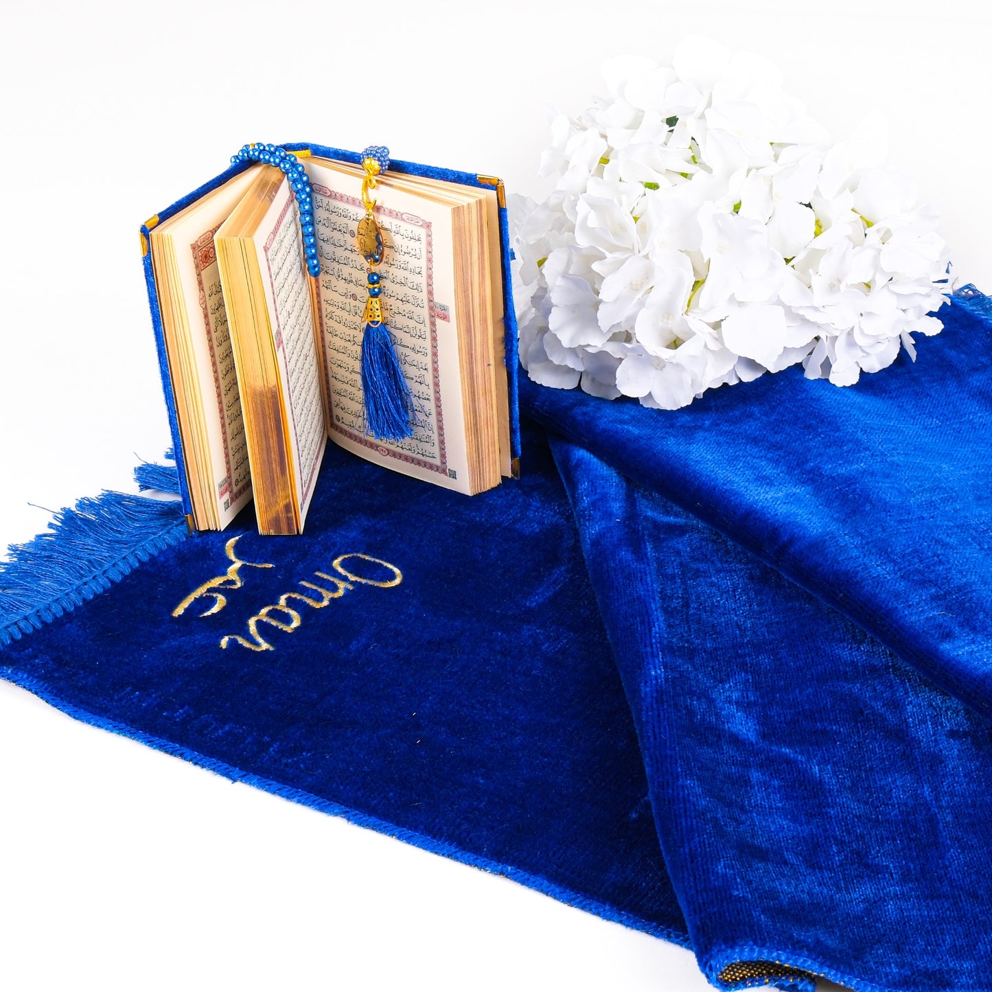 Personalized Elegant Velvet Prayer Mat Quran Tasbeeh Islamic Gift Set