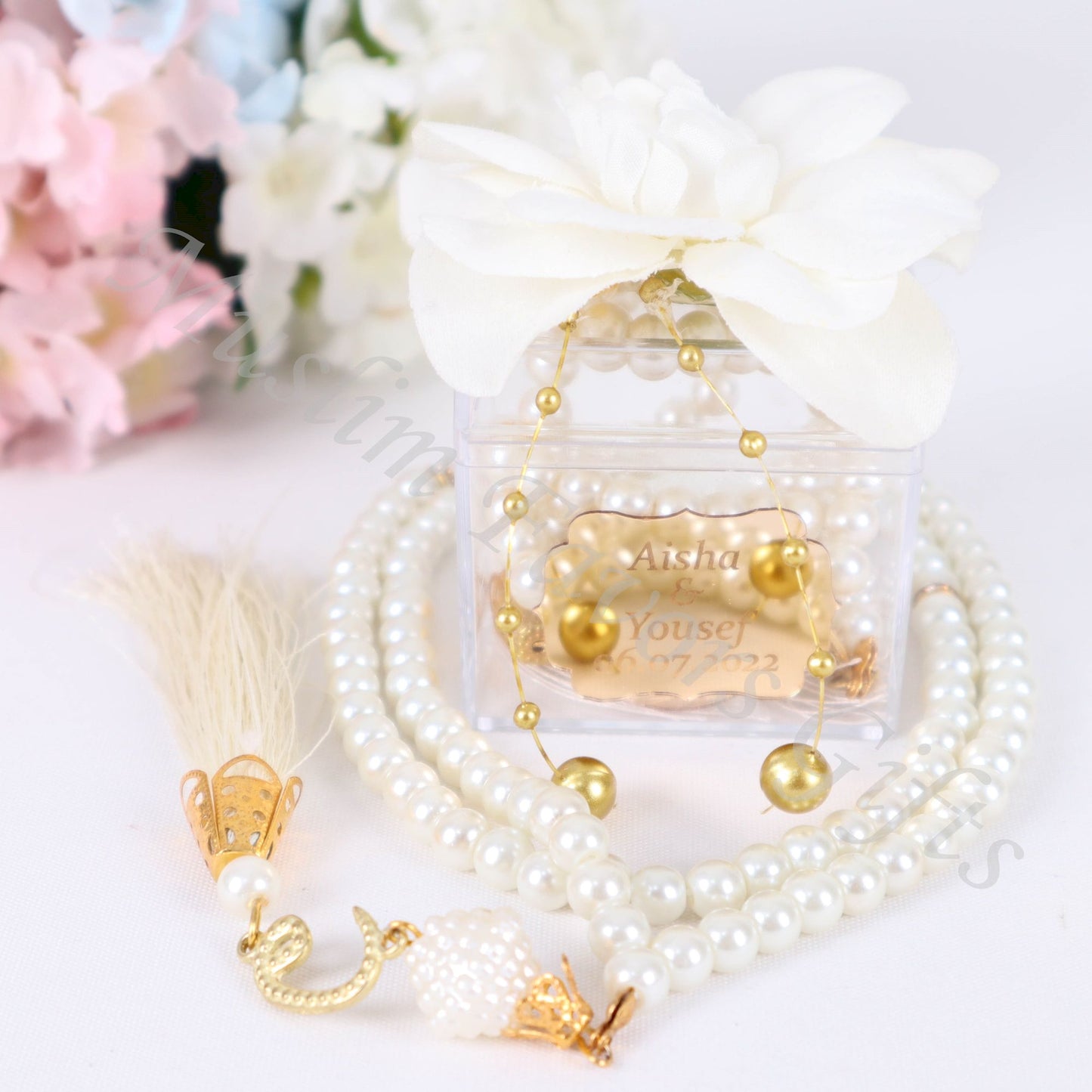Personalized Pearl Prayer Beads Tasbeeh Masbaha Islamic Wedding Gift - Islamic Elite Favors is a handmade gift shop offering a wide variety of unique and personalized gifts for all occasions. Whether you're looking for the perfect Ramadan, Eid, Hajj, wedding gift or something special for a birthday, baby shower or anniversary, we have something for everyone. High quality, made with love.