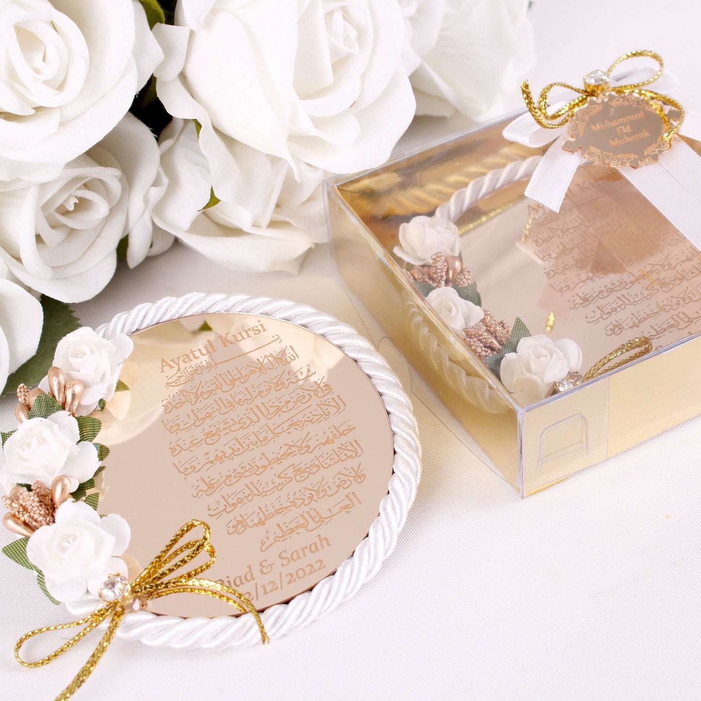 Personalized Wedding Favor Ayatul Kursi Magnet Silver Mirror Rope - Islamic Elite Favors is a handmade gift shop offering a wide variety of unique and personalized gifts for all occasions. Whether you're looking for the perfect Ramadan, Eid, Hajj, wedding gift or something special for a birthday, baby shower or anniversary, we have something for everyone. High quality, made with love.
