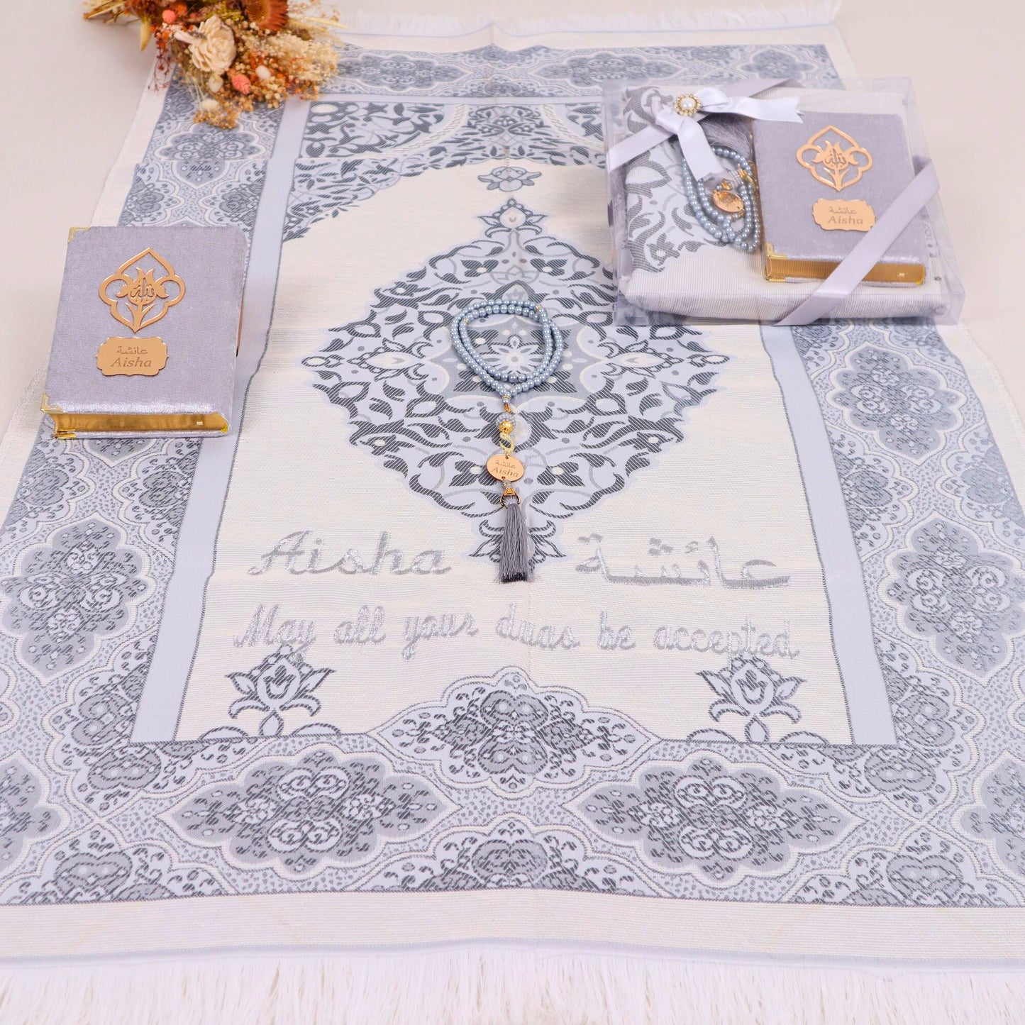 Personalized Travel Prayer Mat Quran Tasbeeh Islamic Muslim Gift Set - Islamic Elite Favors is a handmade gift shop offering a wide variety of unique and personalized gifts for all occasions. Whether you're looking for the perfect Ramadan, Eid, Hajj, wedding gift or something special for a birthday, baby shower or anniversary, we have something for everyone. High quality, made with love.