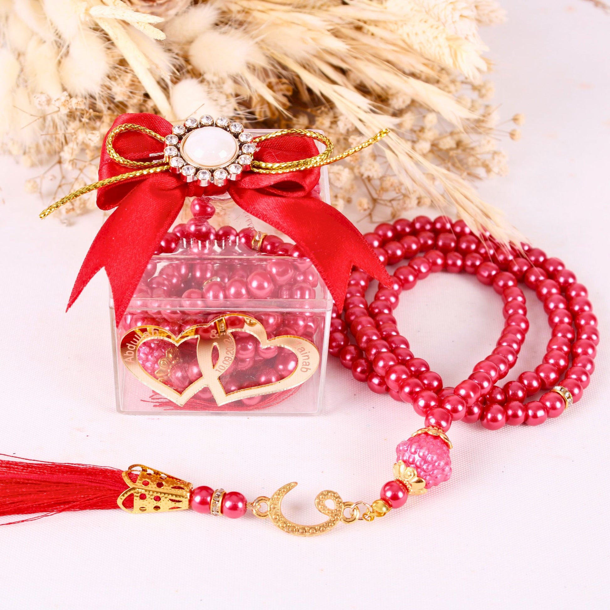 Personalized Prayer Bead Wedding Favor Decorated Box with Double Heart - Islamic Elite Favors is a handmade gift shop offering a wide variety of unique and personalized gifts for all occasions. Whether you're looking for the perfect Ramadan, Eid, Hajj, wedding gift or something special for a birthday, baby shower or anniversary, we have something for everyone. High quality, made with love.