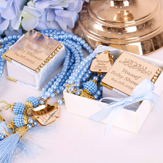 Personalized Mini Quran Pearl Prayer Beads Baby Shower Favor for Boys - Islamic Elite Favors is a handmade gift shop offering a wide variety of unique and personalized gifts for all occasions. Whether you're looking for the perfect Ramadan, Eid, Hajj, wedding gift or something special for a birthday, baby shower or anniversary, we have something for everyone. High quality, made with love.