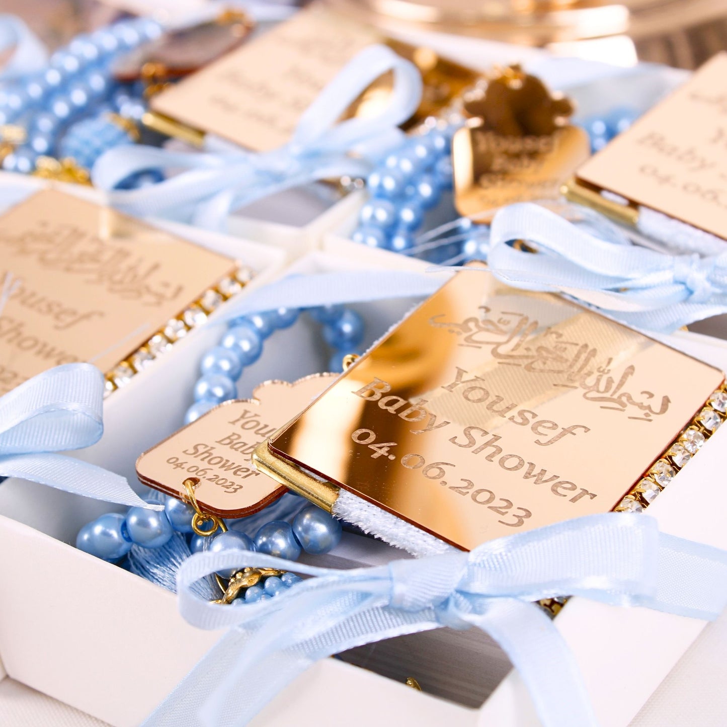 Personalized Mini Quran Pearl Prayer Beads Baby Shower Favor for Boys - Islamic Elite Favors is a handmade gift shop offering a wide variety of unique and personalized gifts for all occasions. Whether you're looking for the perfect Ramadan, Eid, Hajj, wedding gift or something special for a birthday, baby shower or anniversary, we have something for everyone. High quality, made with love.