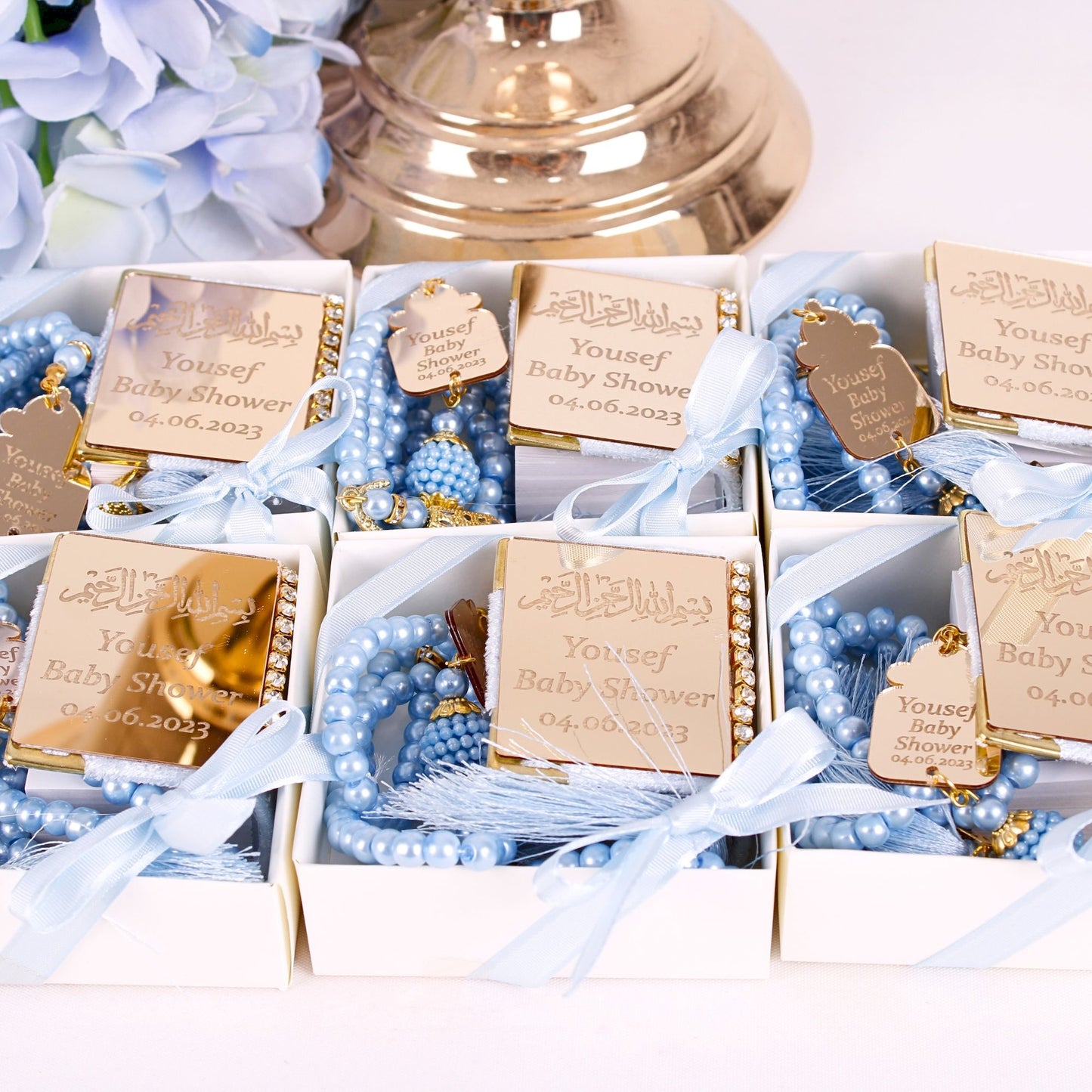 Personalized Mini Quran Pearl Prayer Beads Baby Shower Favor for Boys - Islamic Elite Favors is a handmade gift shop offering a wide variety of unique and personalized gifts for all occasions. Whether you're looking for the perfect Ramadan, Eid, Hajj, wedding gift or something special for a birthday, baby shower or anniversary, we have something for everyone. High quality, made with love.