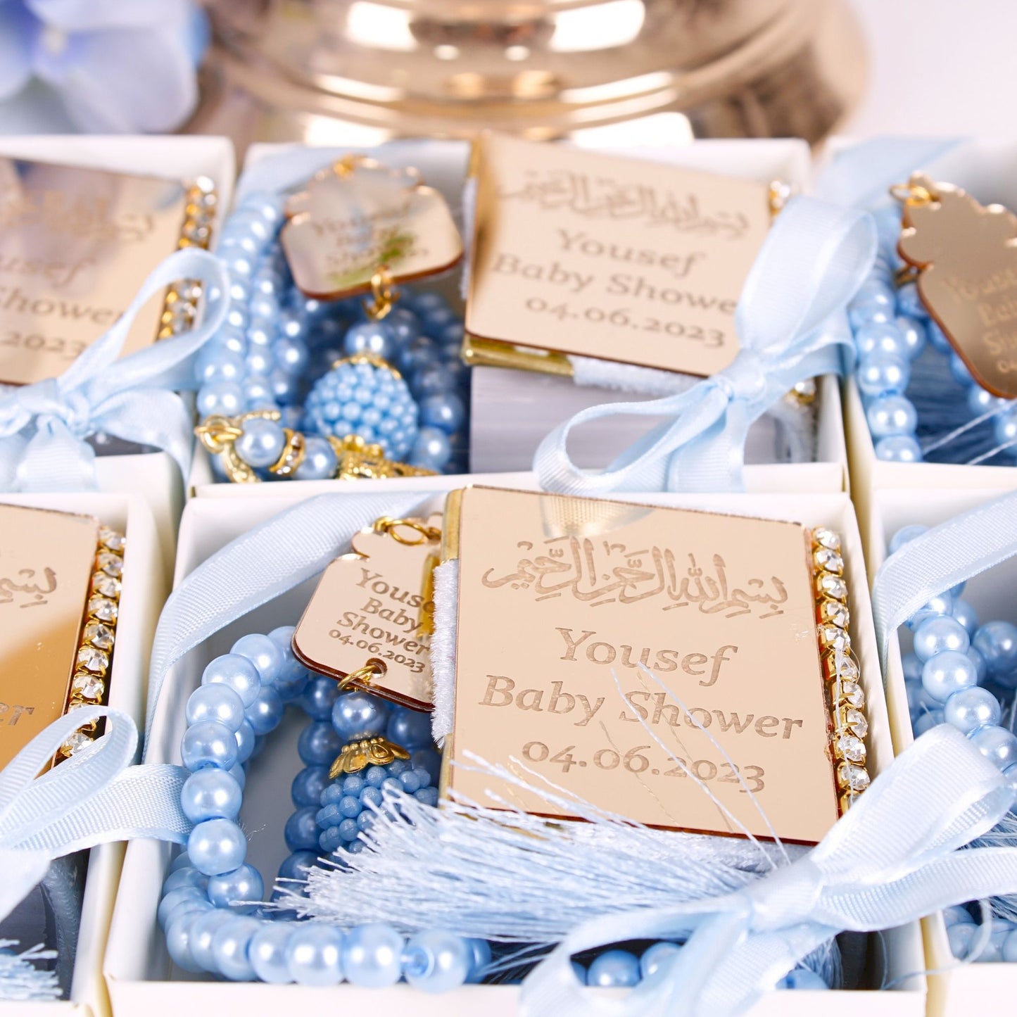 Personalized Mini Quran Pearl Prayer Beads Baby Shower Favor for Boys - Islamic Elite Favors is a handmade gift shop offering a wide variety of unique and personalized gifts for all occasions. Whether you're looking for the perfect Ramadan, Eid, Hajj, wedding gift or something special for a birthday, baby shower or anniversary, we have something for everyone. High quality, made with love.