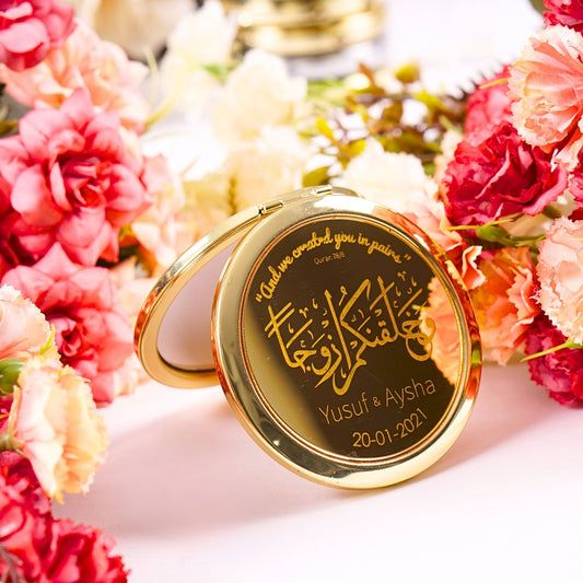 Personalized Wedding Favor Gold Mini Makeup Mirror in Gold Gift Box - Islamic Elite Favors is a handmade gift shop offering a wide variety of unique and personalized gifts for all occasions. Whether you're looking for the perfect Ramadan, Eid, Hajj, wedding gift or something special for a birthday, baby shower or anniversary, we have something for everyone. High quality, made with love.