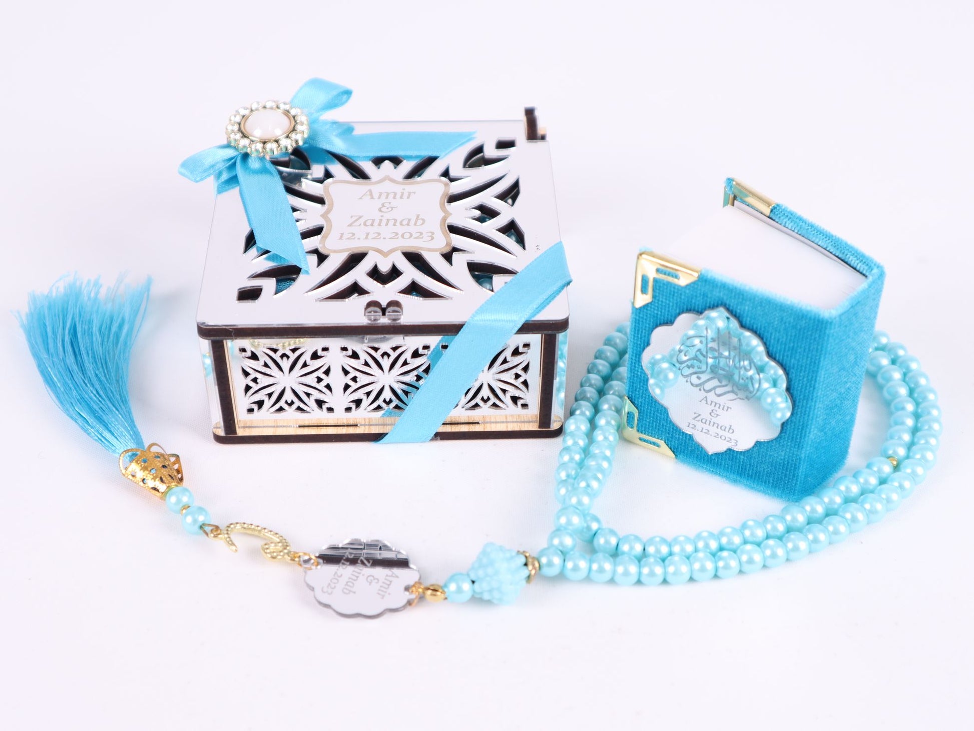 Personalized Mini Quran Prayer Bead Wooden Box with Silver Acrylic Set - Islamic Elite Favors is a handmade gift shop offering a wide variety of unique and personalized gifts for all occasions. Whether you're looking for the perfect Ramadan, Eid, Hajj, wedding gift or something special for a birthday, baby shower or anniversary, we have something for everyone. High quality, made with love.