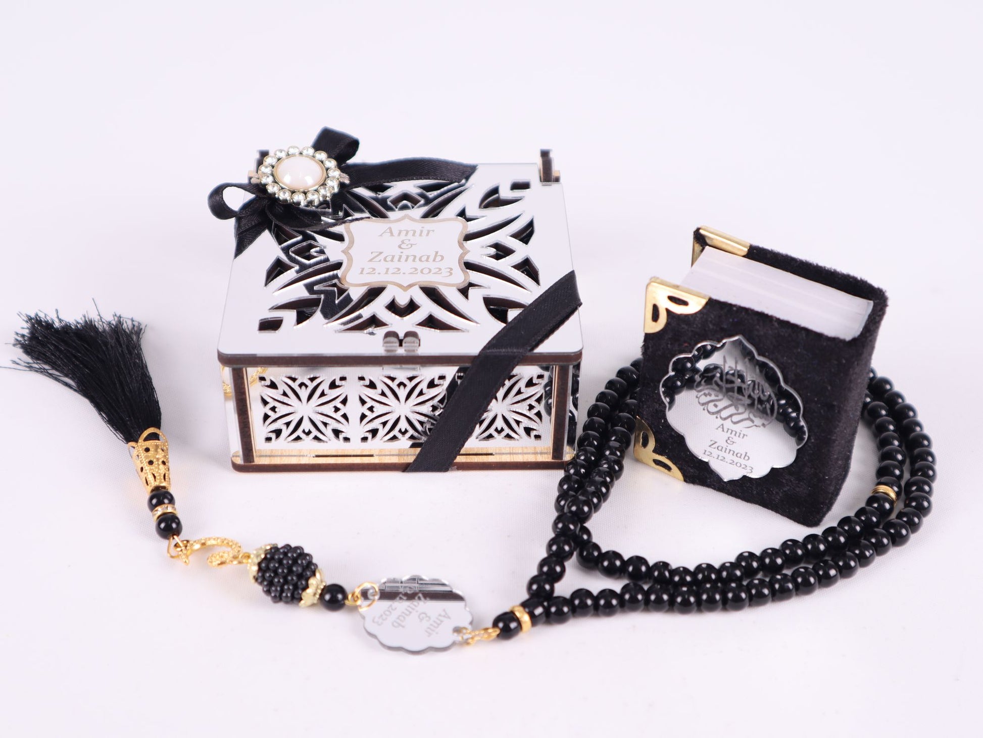 Personalized Mini Quran Prayer Bead Wooden Box with Silver Acrylic Set - Islamic Elite Favors is a handmade gift shop offering a wide variety of unique and personalized gifts for all occasions. Whether you're looking for the perfect Ramadan, Eid, Hajj, wedding gift or something special for a birthday, baby shower or anniversary, we have something for everyone. High quality, made with love.