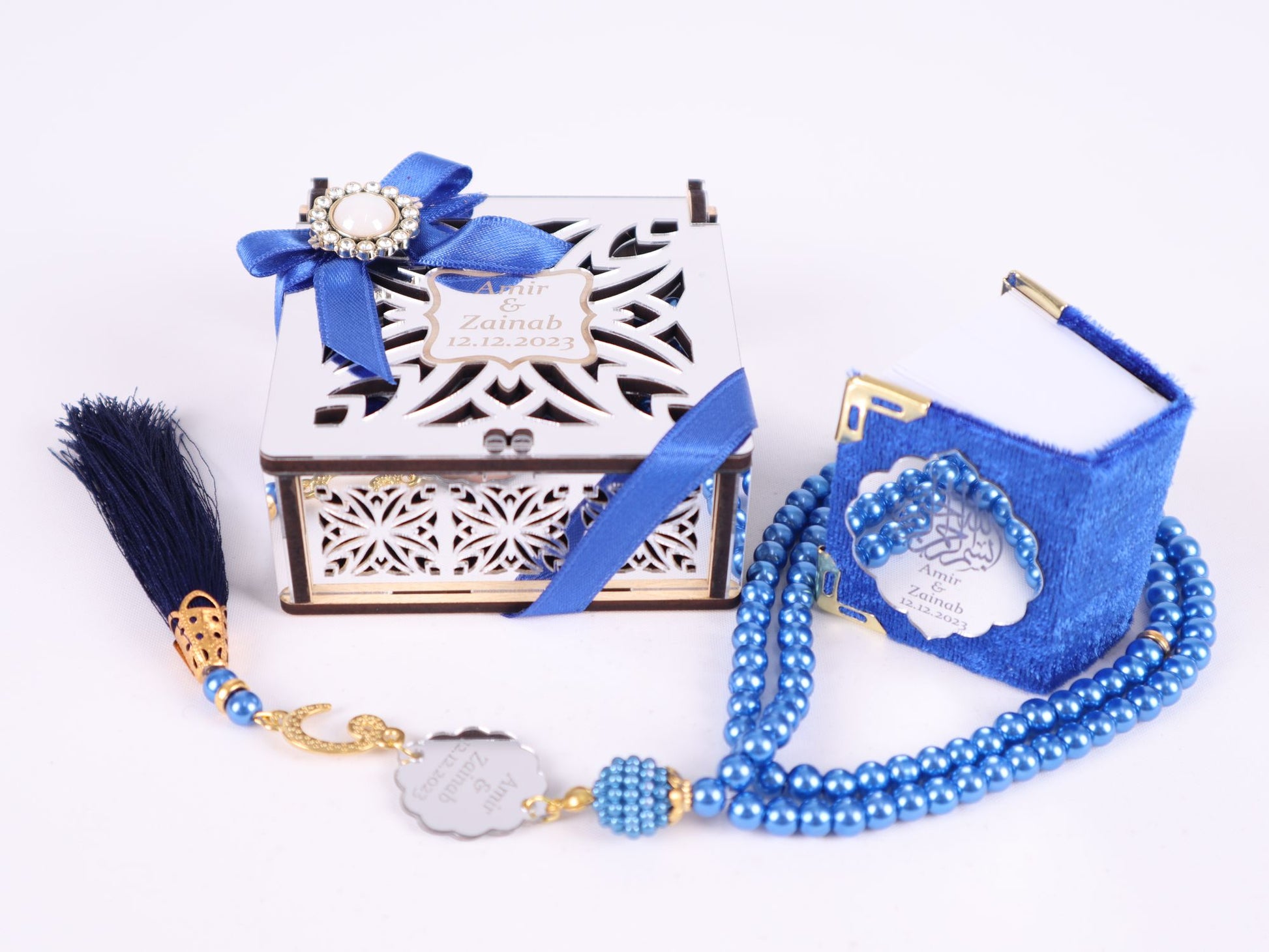 Personalized Mini Quran Prayer Bead Wooden Box with Silver Acrylic Set - Islamic Elite Favors is a handmade gift shop offering a wide variety of unique and personalized gifts for all occasions. Whether you're looking for the perfect Ramadan, Eid, Hajj, wedding gift or something special for a birthday, baby shower or anniversary, we have something for everyone. High quality, made with love.