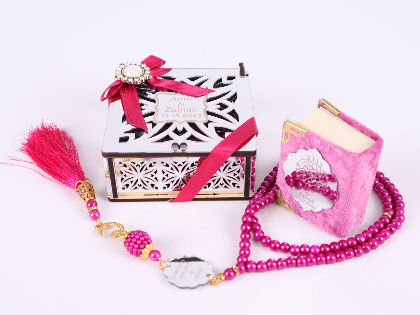 Personalized Mini Quran Prayer Bead Wooden Box with Silver Acrylic Set - Islamic Elite Favors is a handmade gift shop offering a wide variety of unique and personalized gifts for all occasions. Whether you're looking for the perfect Ramadan, Eid, Hajj, wedding gift or something special for a birthday, baby shower or anniversary, we have something for everyone. High quality, made with love.