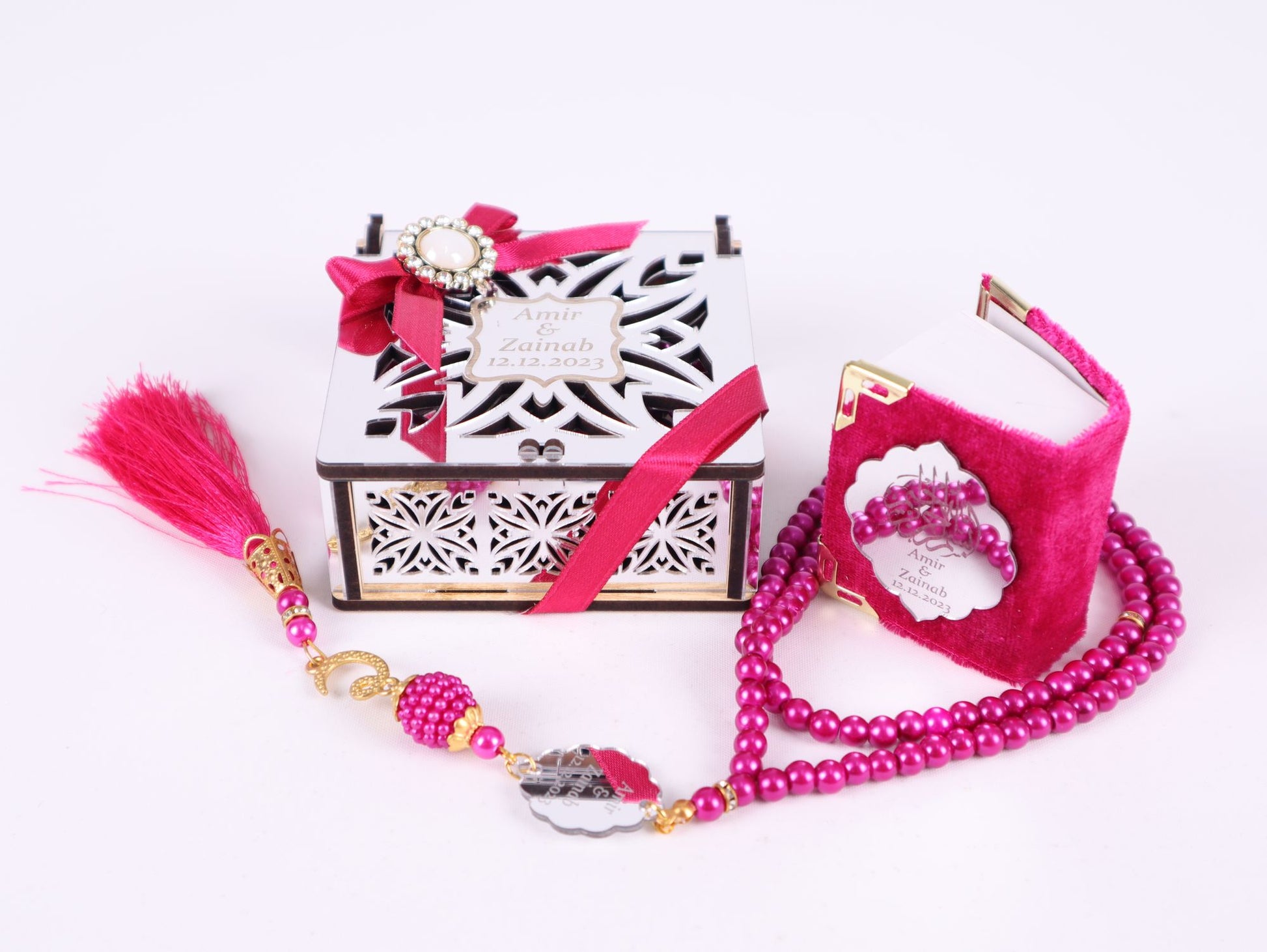 Personalized Mini Quran Prayer Bead Wooden Box with Silver Acrylic Set - Islamic Elite Favors is a handmade gift shop offering a wide variety of unique and personalized gifts for all occasions. Whether you're looking for the perfect Ramadan, Eid, Hajj, wedding gift or something special for a birthday, baby shower or anniversary, we have something for everyone. High quality, made with love.