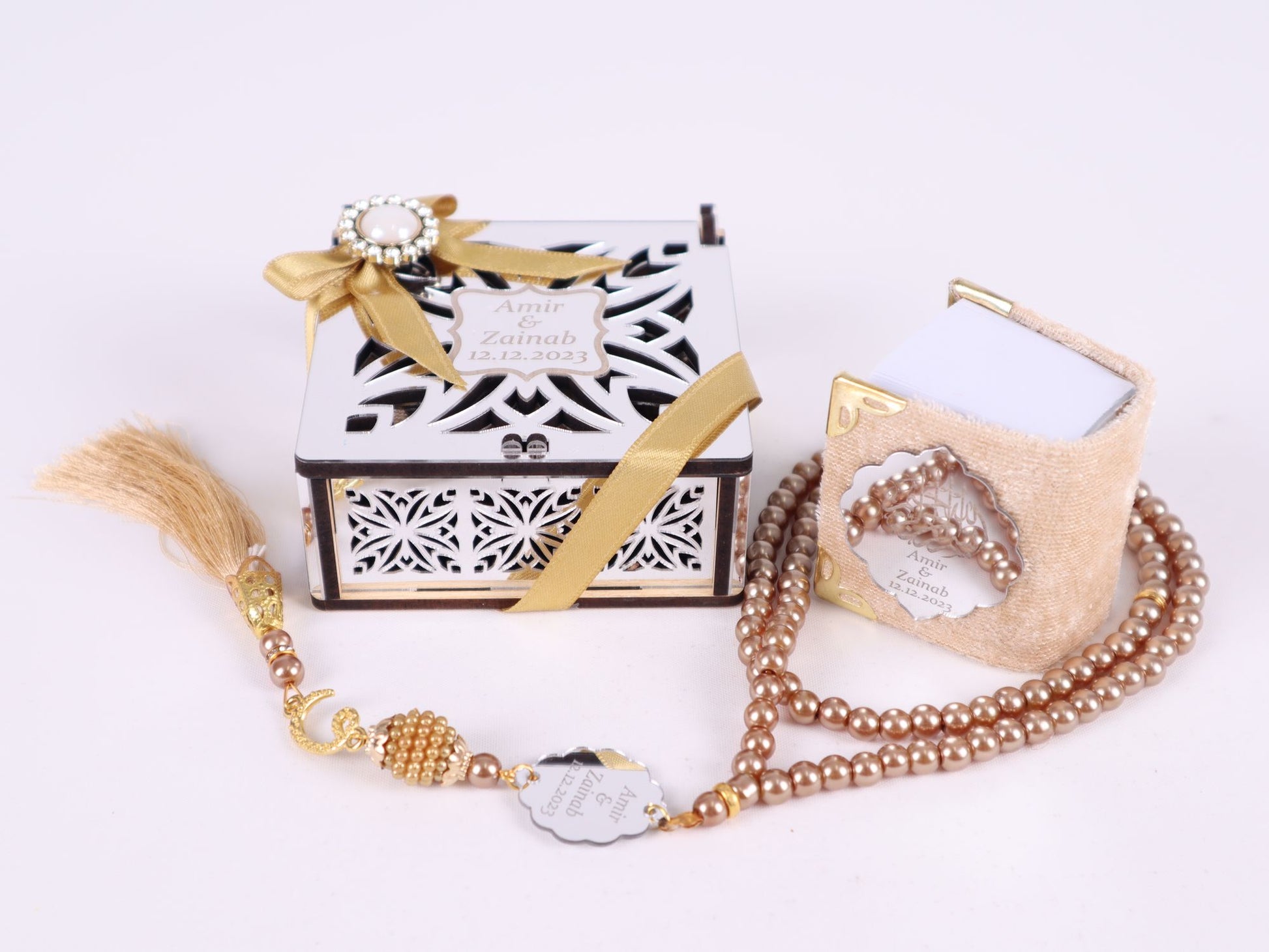Personalized Mini Quran Prayer Bead Wooden Box with Silver Acrylic Set - Islamic Elite Favors is a handmade gift shop offering a wide variety of unique and personalized gifts for all occasions. Whether you're looking for the perfect Ramadan, Eid, Hajj, wedding gift or something special for a birthday, baby shower or anniversary, we have something for everyone. High quality, made with love.