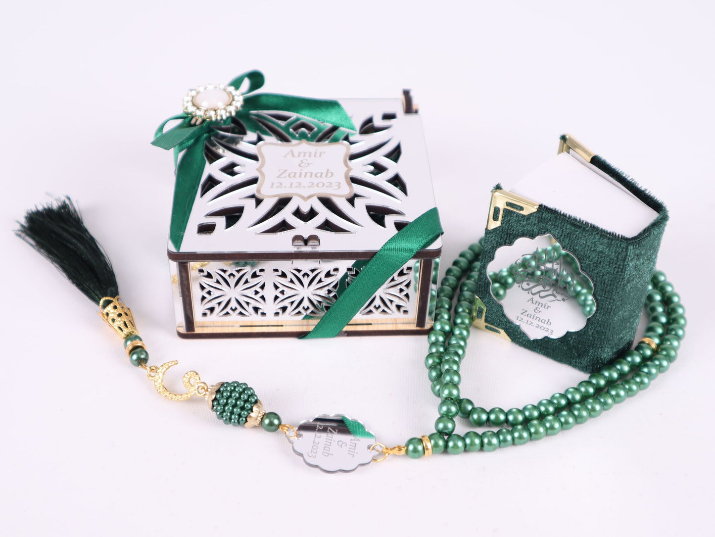 Personalized Mini Quran Prayer Bead Wooden Box with Silver Acrylic Set - Islamic Elite Favors is a handmade gift shop offering a wide variety of unique and personalized gifts for all occasions. Whether you're looking for the perfect Ramadan, Eid, Hajj, wedding gift or something special for a birthday, baby shower or anniversary, we have something for everyone. High quality, made with love.