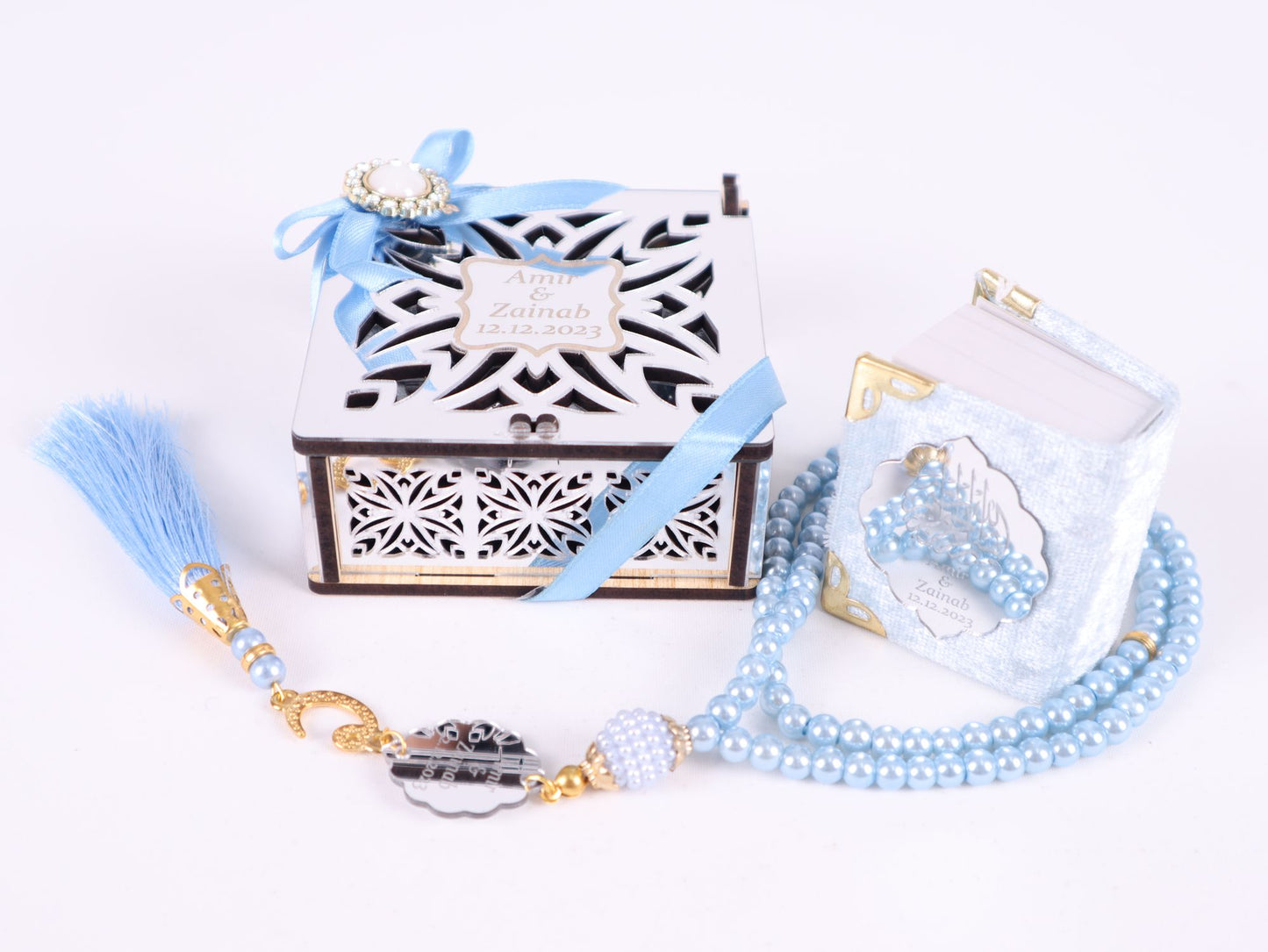 Personalized Mini Quran Prayer Bead Wooden Box with Silver Acrylic Set - Islamic Elite Favors is a handmade gift shop offering a wide variety of unique and personalized gifts for all occasions. Whether you're looking for the perfect Ramadan, Eid, Hajj, wedding gift or something special for a birthday, baby shower or anniversary, we have something for everyone. High quality, made with love.